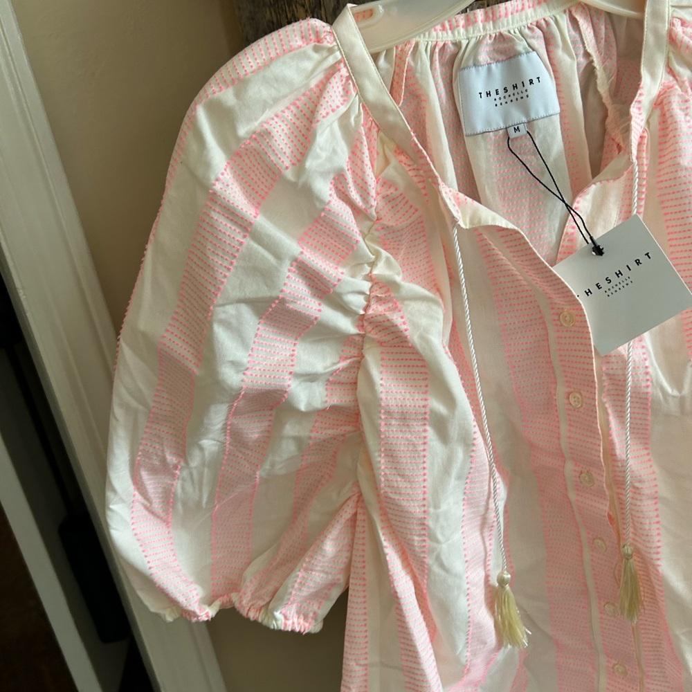 The Shirt Rochelle Behrens Pink and Cream Striped Blouse top bohemian med - Picture 2 of 6